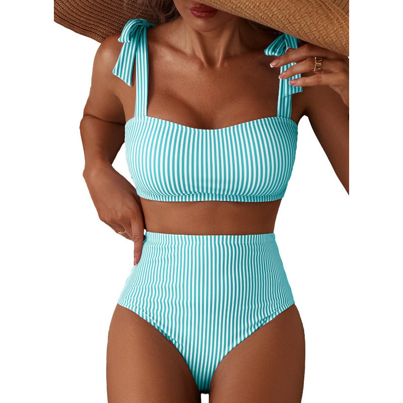 Women's Striped Bikini Set with Tie-Shoulder Design, High-Waisted Two-Piece Swimsuit