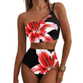 New women's high waisted bikini set with one shoulder floral print swimsuit, 2-piece set, belly cinching swimsuit