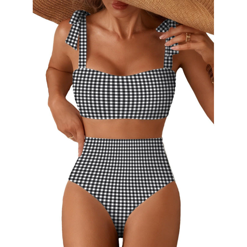 Women's Striped Bikini Set with Tie-Shoulder Design, High-Waisted Two-Piece Swimsuit